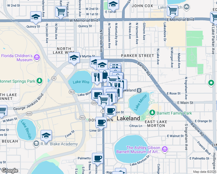 map of restaurants, bars, coffee shops, grocery stores, and more near 111 East Pine Street in Lakeland