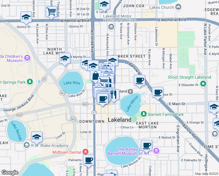 map of restaurants, bars, coffee shops, grocery stores, and more near 200 North Kentucky Avenue in Lakeland