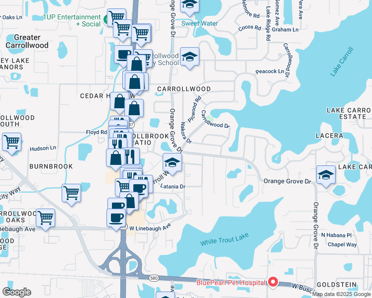 map of restaurants, bars, coffee shops, grocery stores, and more near 10501 Lake Carroll Way in Greater Carrollwood