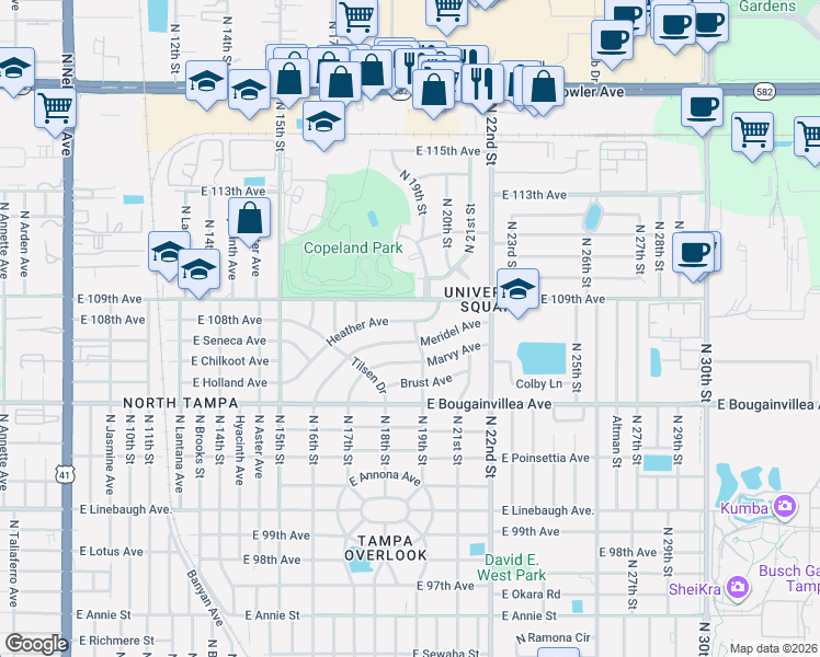 map of restaurants, bars, coffee shops, grocery stores, and more near 1815 Meridel Avenue in Tampa