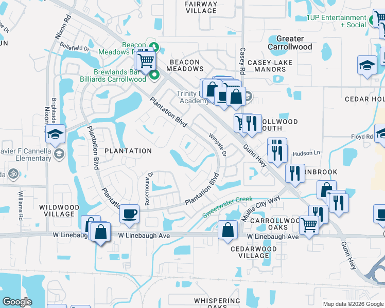 map of restaurants, bars, coffee shops, grocery stores, and more near 4815 Grove Point Drive in Tampa