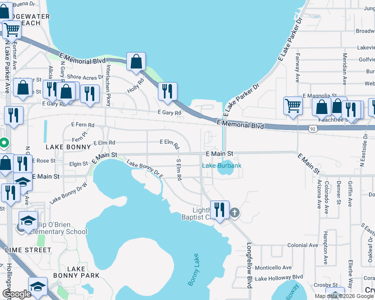 map of restaurants, bars, coffee shops, grocery stores, and more near in Lakeland