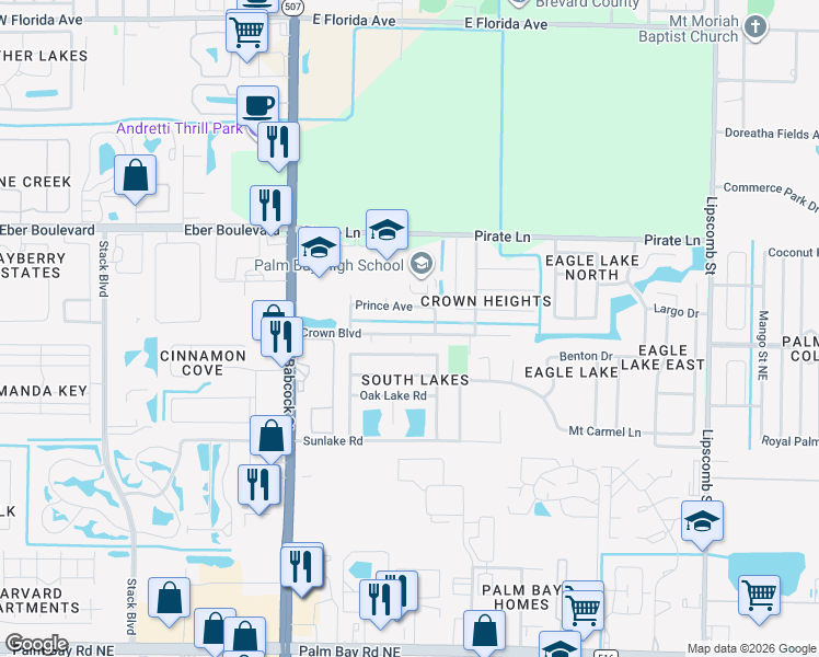 map of restaurants, bars, coffee shops, grocery stores, and more near 204 Crystal Lake Road in Melbourne