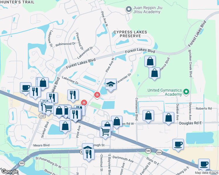 map of restaurants, bars, coffee shops, grocery stores, and more near 301 Pine Avenue North in Oldsmar