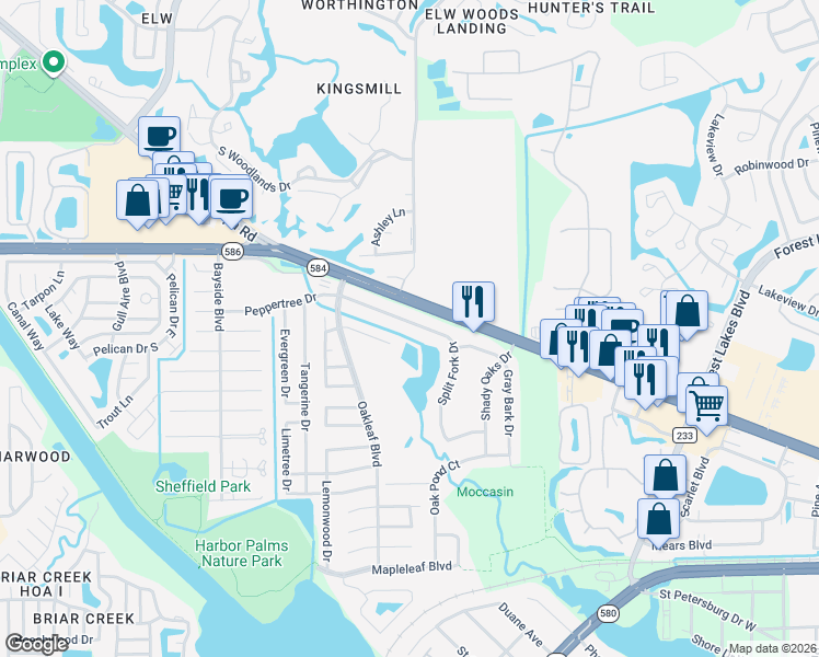 map of restaurants, bars, coffee shops, grocery stores, and more near 1732 Split Fork Drive in Oldsmar