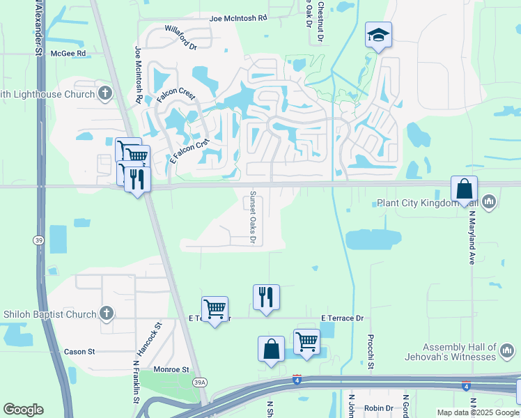 map of restaurants, bars, coffee shops, grocery stores, and more near 3241 Bending Oak Drive in Plant City