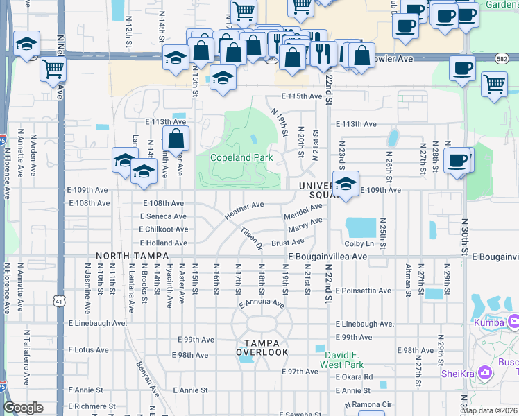 map of restaurants, bars, coffee shops, grocery stores, and more near 1815 Meridel Avenue in Tampa