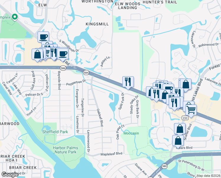 map of restaurants, bars, coffee shops, grocery stores, and more near 1732 Split Fork Drive in Oldsmar