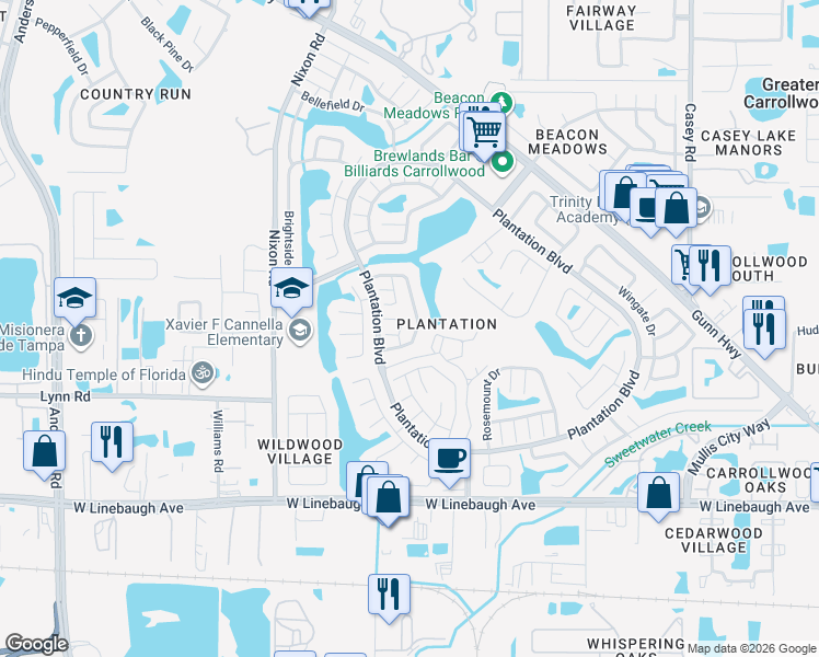 map of restaurants, bars, coffee shops, grocery stores, and more near 10707 Crowngate Lane in Tampa