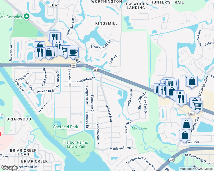 map of restaurants, bars, coffee shops, grocery stores, and more near 1708 Azalea Court in Oldsmar