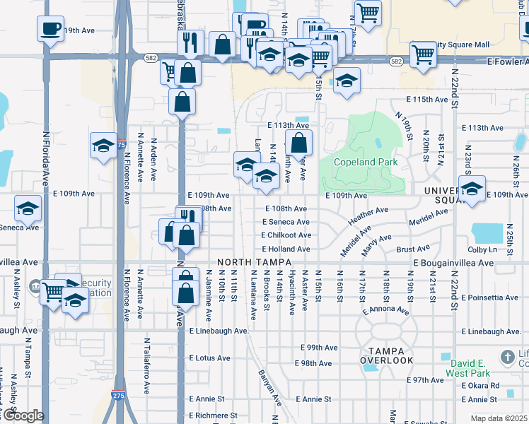 map of restaurants, bars, coffee shops, grocery stores, and more near 1215 East 109th Avenue in Tampa