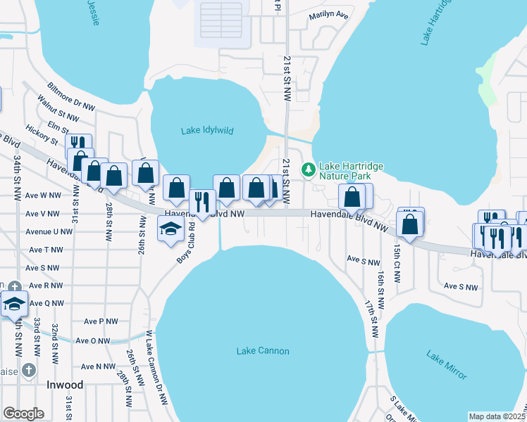 map of restaurants, bars, coffee shops, grocery stores, and more near 3043 Havendale Boulevard Northwest in Winter Haven