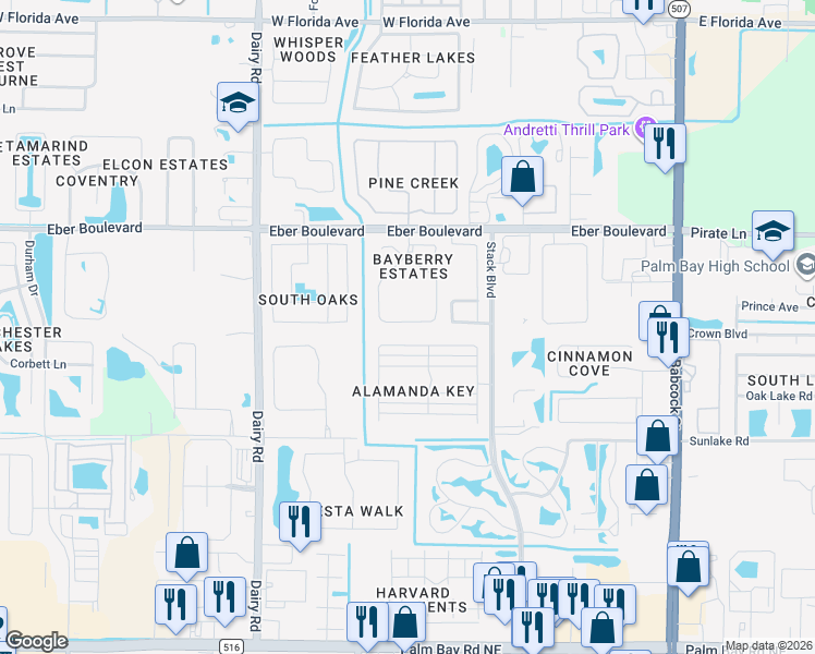 map of restaurants, bars, coffee shops, grocery stores, and more near 4034 Bayberry Drive in Melbourne