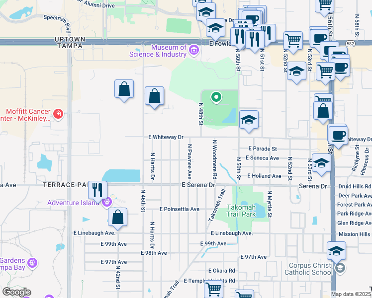 map of restaurants, bars, coffee shops, grocery stores, and more near 4735 Whiteway Drive in Tampa