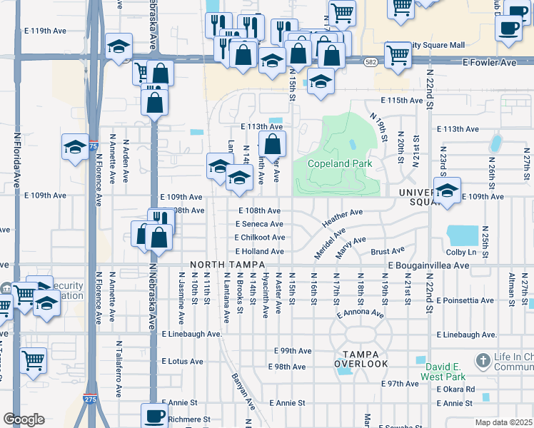 map of restaurants, bars, coffee shops, grocery stores, and more near 1409 East 109th Avenue in Tampa