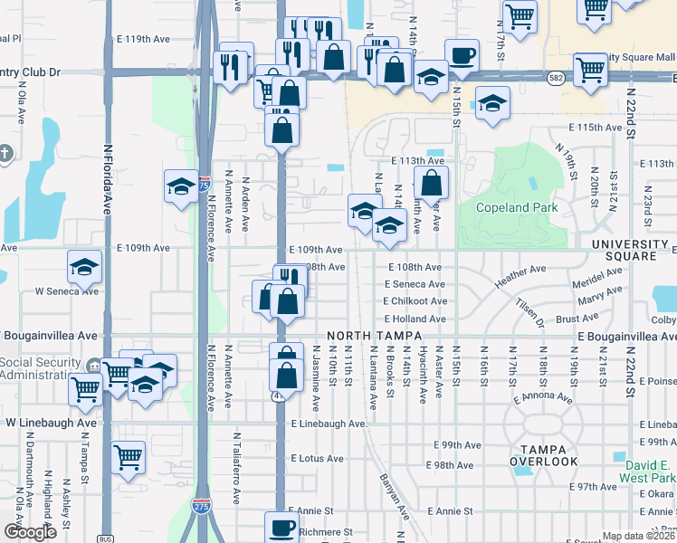 map of restaurants, bars, coffee shops, grocery stores, and more near 1007 East 109th Avenue in Tampa