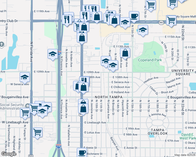 map of restaurants, bars, coffee shops, grocery stores, and more near 1007 East 109th Avenue in Tampa