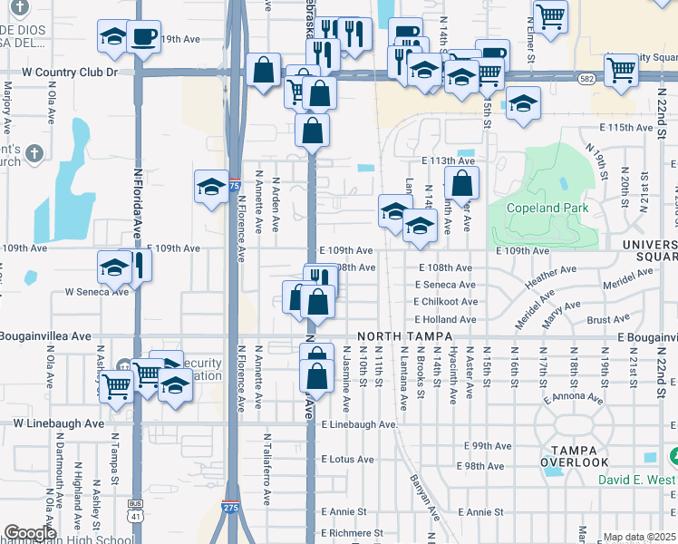 map of restaurants, bars, coffee shops, grocery stores, and more near 909 East 109th Avenue in Tampa