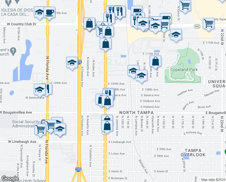 map of restaurants, bars, coffee shops, grocery stores, and more near in Tampa