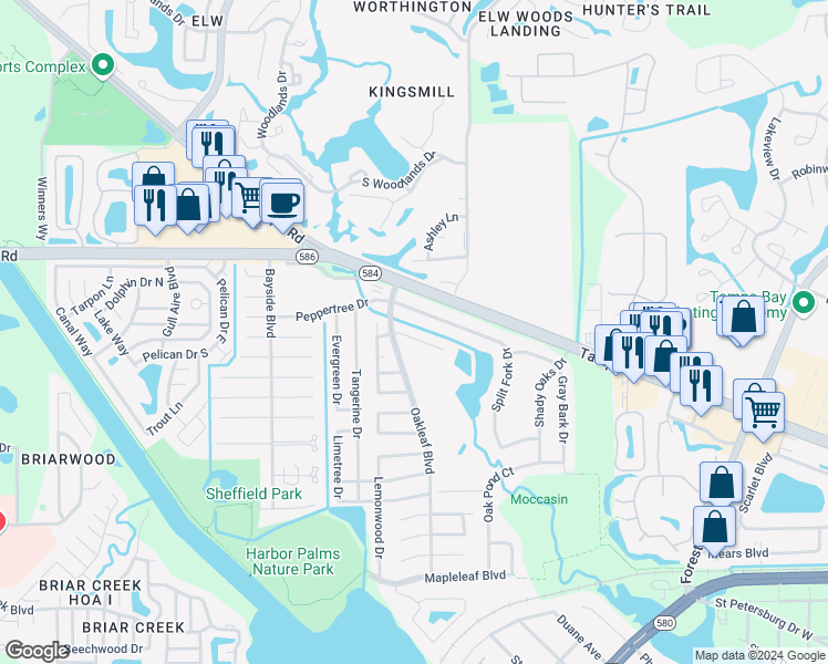 map of restaurants, bars, coffee shops, grocery stores, and more near 1710 Split Fork Drive in Oldsmar