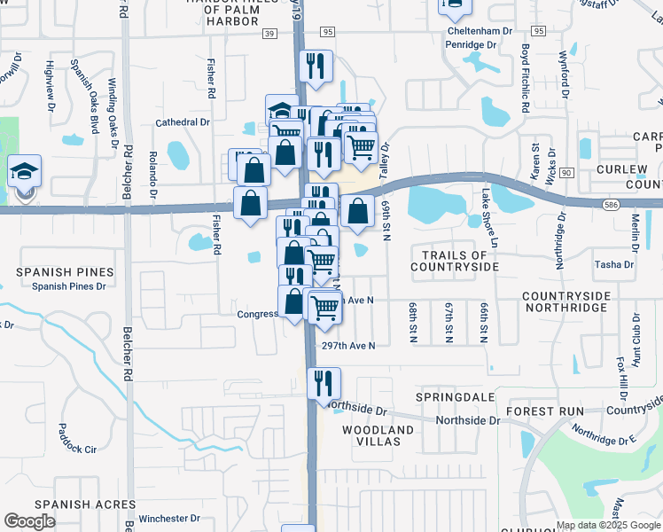 map of restaurants, bars, coffee shops, grocery stores, and more near 29969 70th Street North in Clearwater
