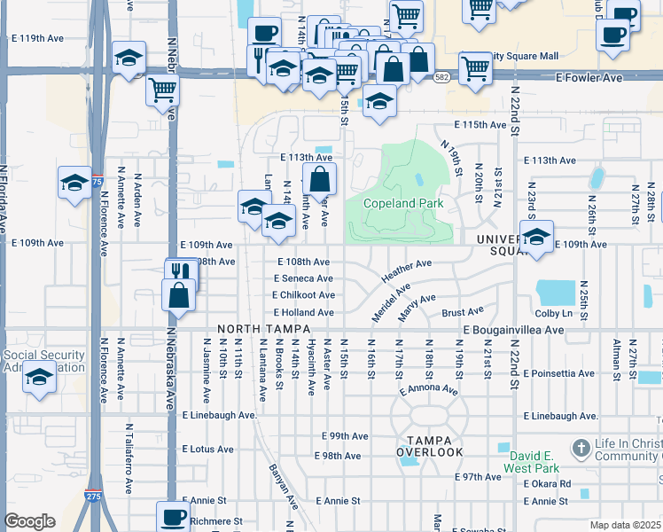 map of restaurants, bars, coffee shops, grocery stores, and more near 1427 East 109th Avenue in Tampa