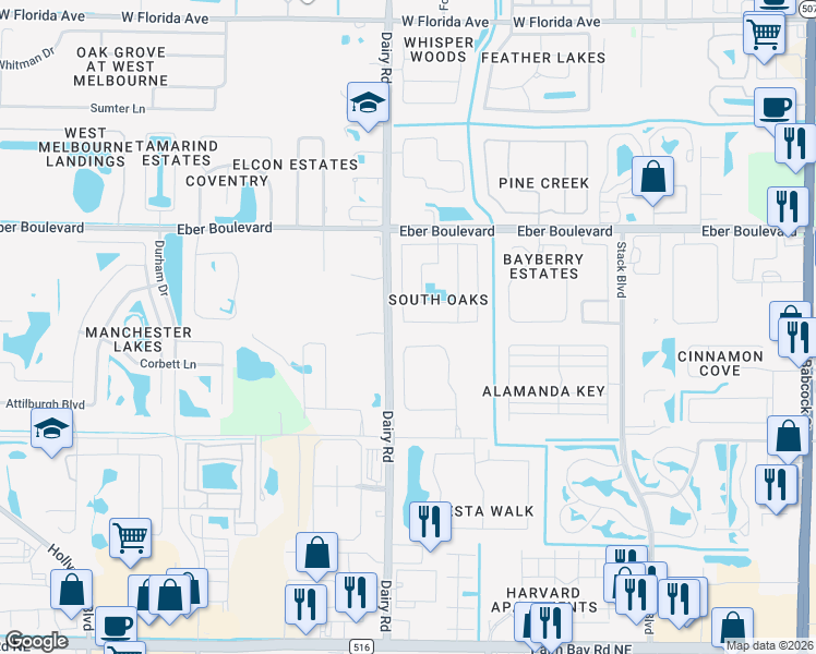 map of restaurants, bars, coffee shops, grocery stores, and more near 940 Cross Lake Drive in Melbourne
