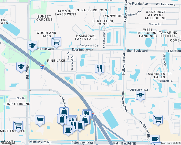 map of restaurants, bars, coffee shops, grocery stores, and more near 2433 Woodthrush Place in Melbourne