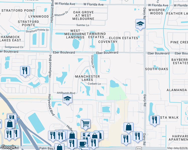 map of restaurants, bars, coffee shops, grocery stores, and more near 3832 Joslin Way in West Melbourne