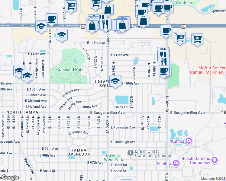 map of restaurants, bars, coffee shops, grocery stores, and more near 10801 North 22nd Street in Tampa