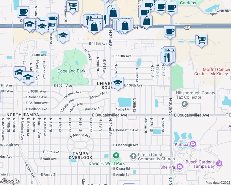 map of restaurants, bars, coffee shops, grocery stores, and more near 10801 North 22nd Street in Tampa
