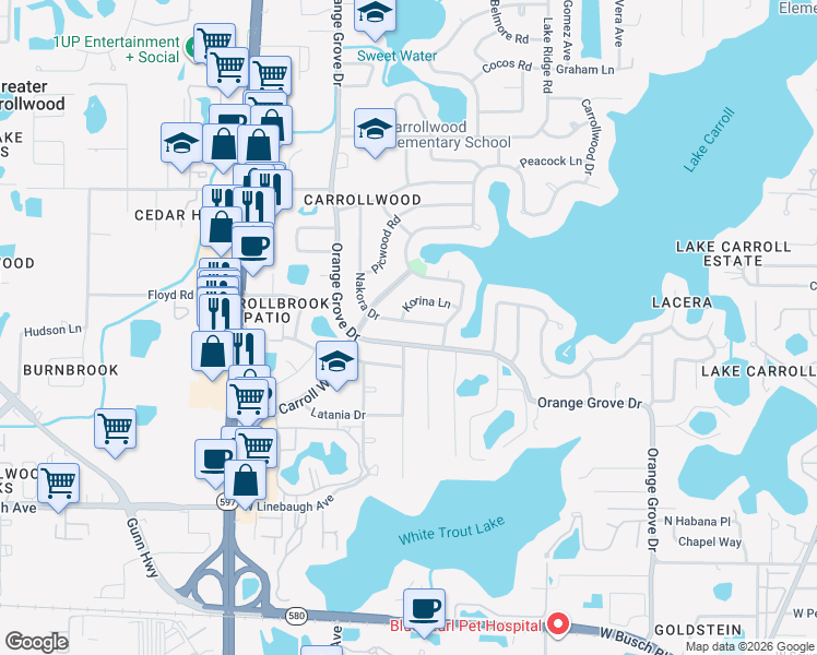 map of restaurants, bars, coffee shops, grocery stores, and more near 3312 Nakora Drive in Tampa
