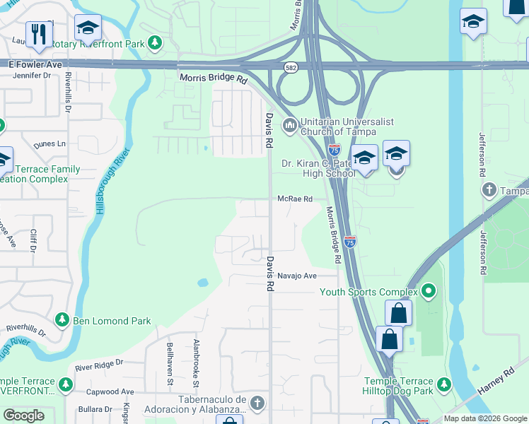 map of restaurants, bars, coffee shops, grocery stores, and more near 8411 McRae Road in Temple Terrace
