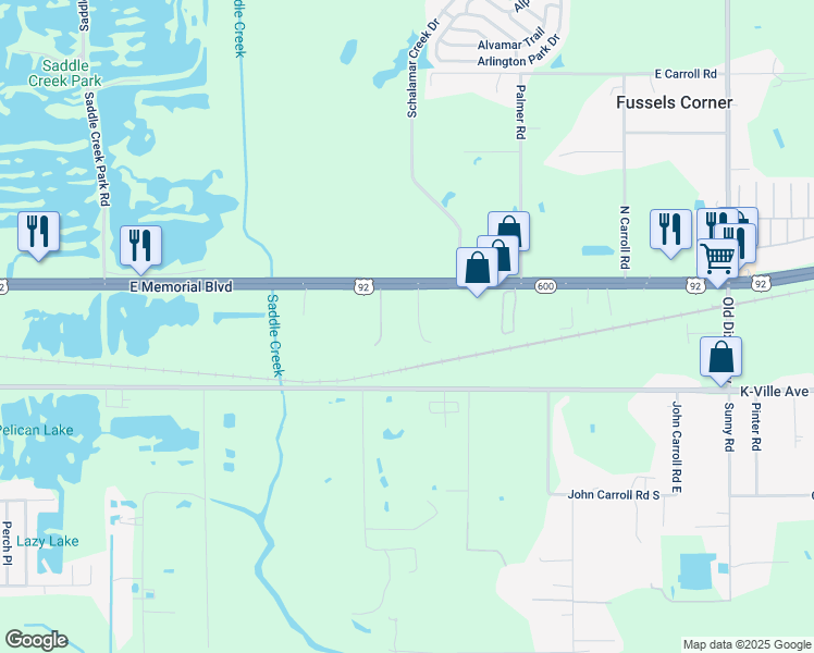 map of restaurants, bars, coffee shops, grocery stores, and more near 4345 Us Highway 92 East in Lakeland