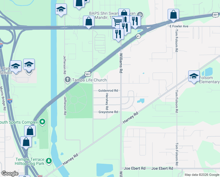 map of restaurants, bars, coffee shops, grocery stores, and more near 9409 Ripley Road in Thonotosassa