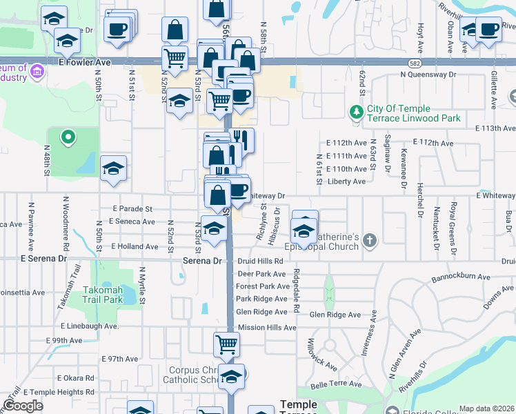 map of restaurants, bars, coffee shops, grocery stores, and more near 556 Heritage Palm Court in Tampa