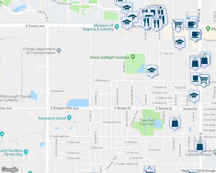 map of restaurants, bars, coffee shops, grocery stores, and more near 10718 North Oklawaha Avenue in Tampa