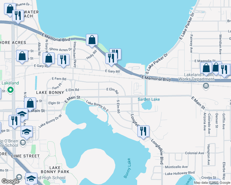 map of restaurants, bars, coffee shops, grocery stores, and more near 1907 East Elm Road in Lakeland