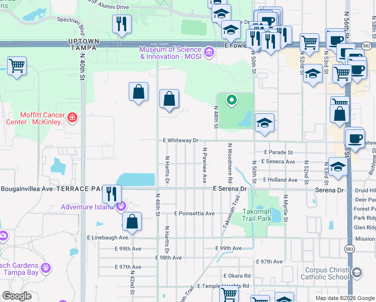 map of restaurants, bars, coffee shops, grocery stores, and more near 10718 North Oklawaha Avenue in Tampa