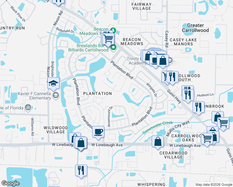map of restaurants, bars, coffee shops, grocery stores, and more near 4904 Rambling Rose Place in Tampa