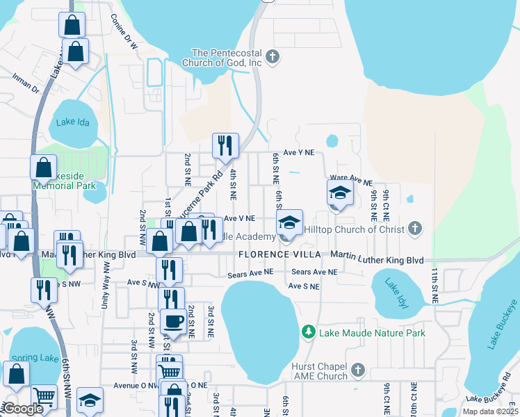 map of restaurants, bars, coffee shops, grocery stores, and more near 2256 5th Street Northeast in Winter Haven