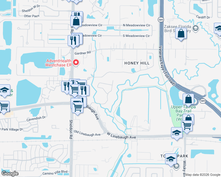 map of restaurants, bars, coffee shops, grocery stores, and more near 10804 Ashford Oaks Drive in Tampa