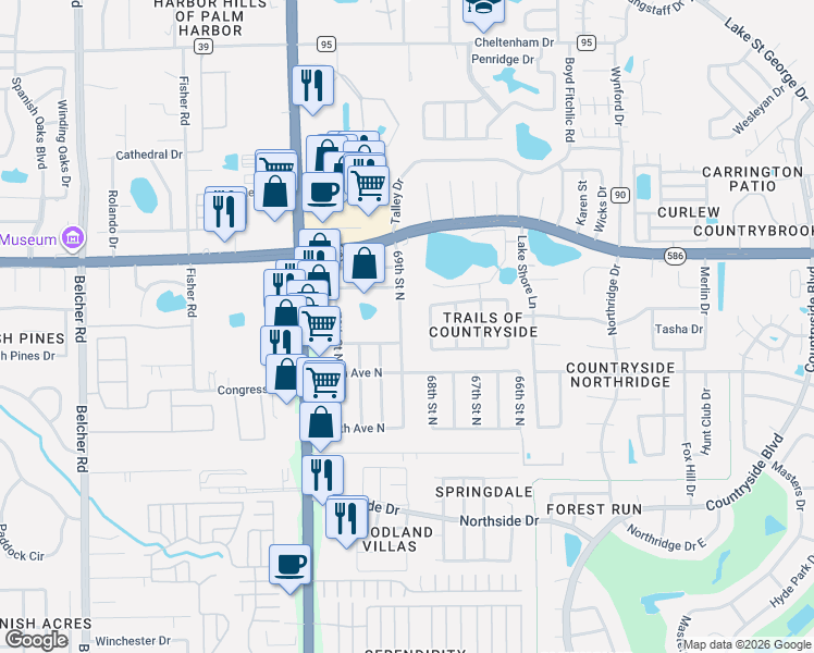 map of restaurants, bars, coffee shops, grocery stores, and more near 3456 Fairfield Trail in Clearwater