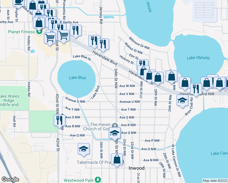 map of restaurants, bars, coffee shops, grocery stores, and more near 2209 34th Street Northwest in Winter Haven