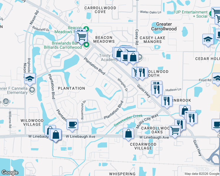 map of restaurants, bars, coffee shops, grocery stores, and more near 10714 Key Lime Way in Tampa