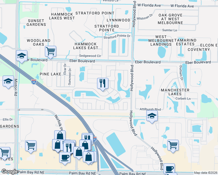 map of restaurants, bars, coffee shops, grocery stores, and more near 3957-3983 Southwind Drive in Melbourne