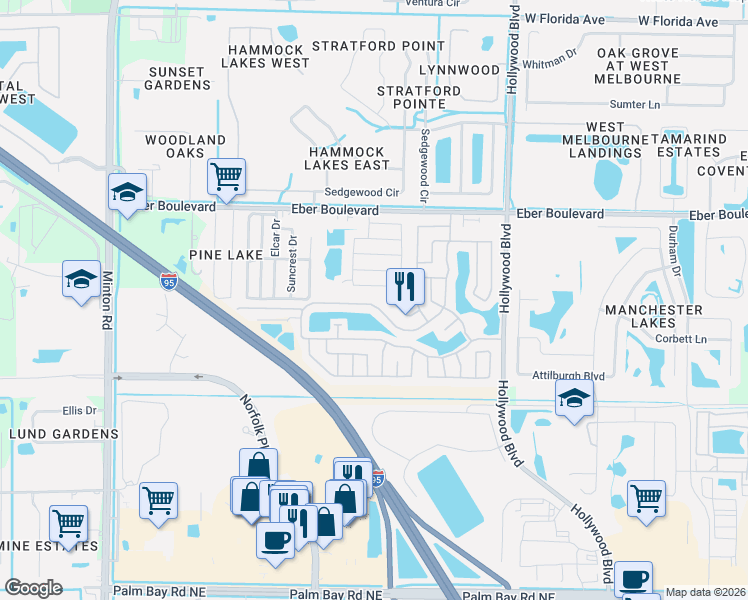 map of restaurants, bars, coffee shops, grocery stores, and more near 2433 Woodthrush Place in Melbourne