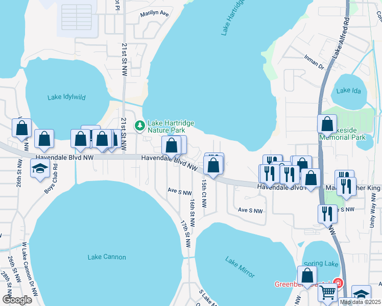 map of restaurants, bars, coffee shops, grocery stores, and more near 1801 Havendale Boulevard Northwest in Winter Haven
