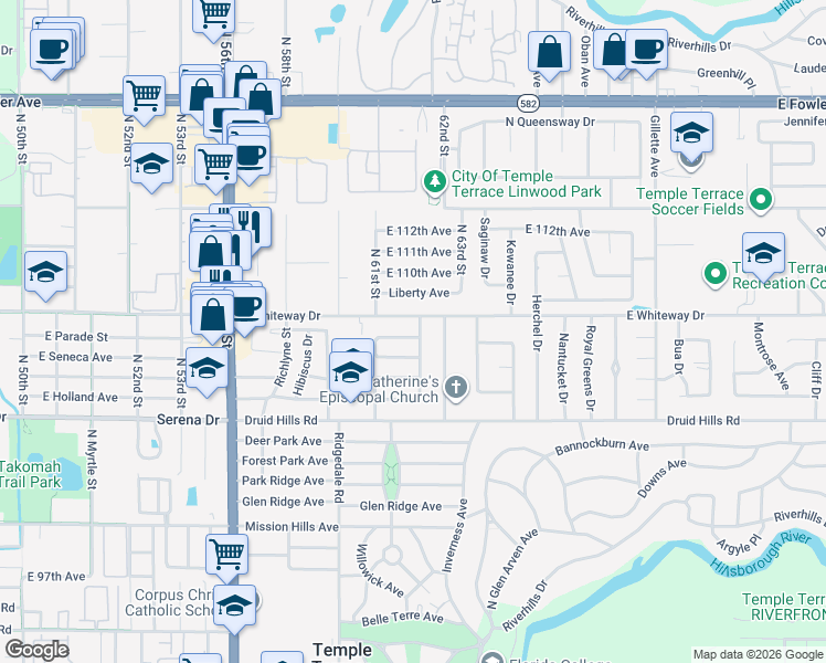 map of restaurants, bars, coffee shops, grocery stores, and more near 528 Lantern Circle in Temple Terrace
