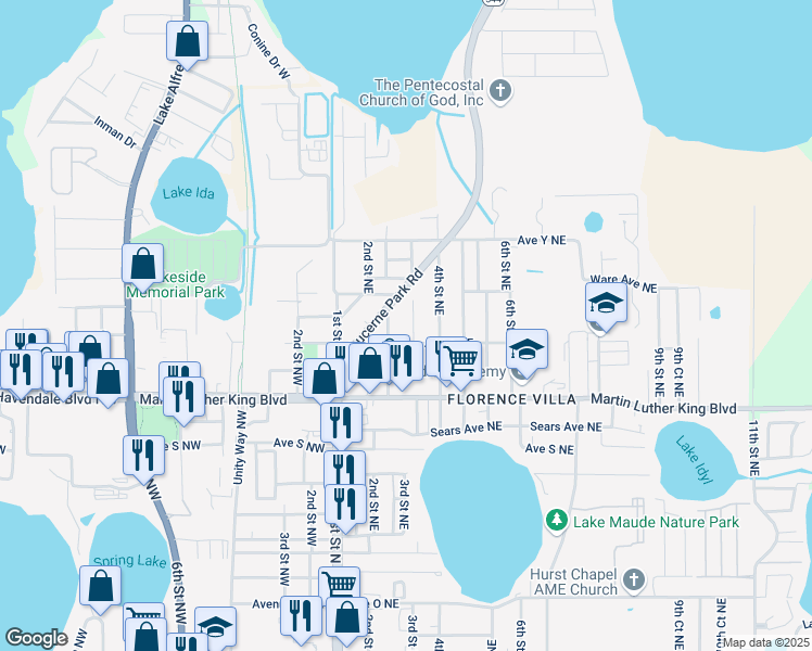 map of restaurants, bars, coffee shops, grocery stores, and more near 2208 2nd Street Northeast in Winter Haven